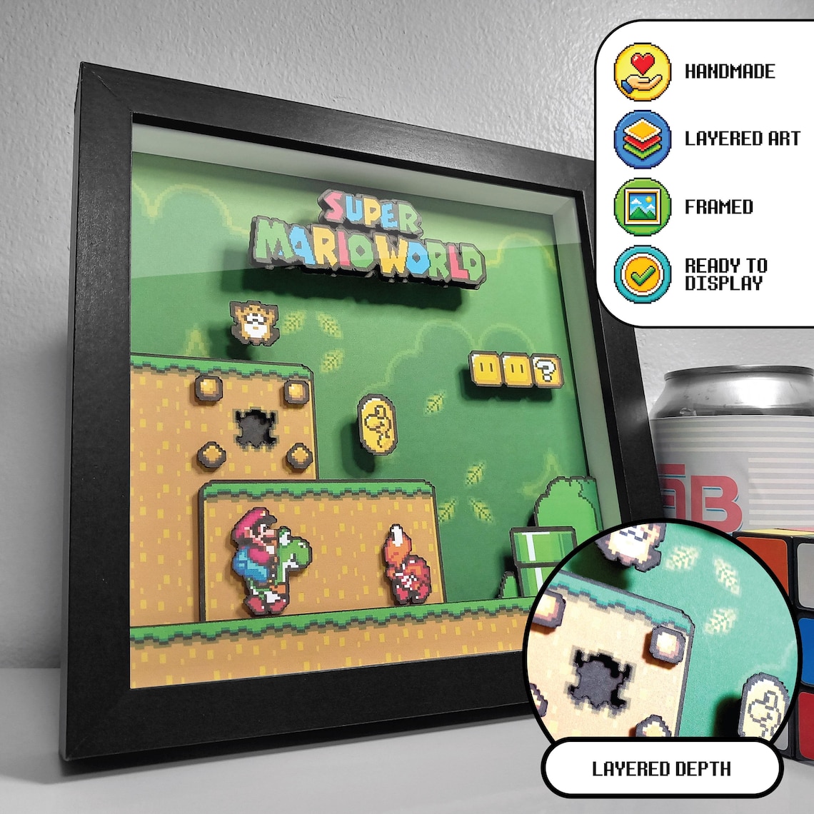 Black-framed Super Mario World shadow box showing Yoshi in a green layered platform scene