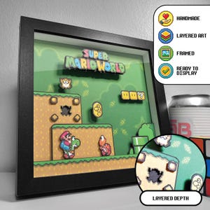 Super Mario World Yoshi’s Island 2 Pixel Art Shadow Box - Handgjord 3D-lagerinramad retro-spelkonst