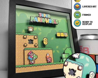Super Mario World Yoshi’s Island Pixel Art Shadow Box | Handmade Nintendo SNES Wall Art