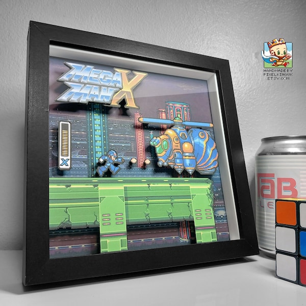 Caja de sombras de Megaman X Pixel Art - Hecha a mano - Capas 3D - Enmarcada