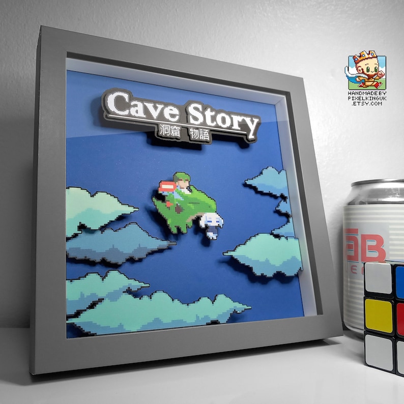 Cave Story pixel art shadow box in grey frame 8x8 inch mens birthday gift