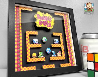 Bubble Bobble Pixel Art Shadow Box - Handmade - 3D layered - Framed