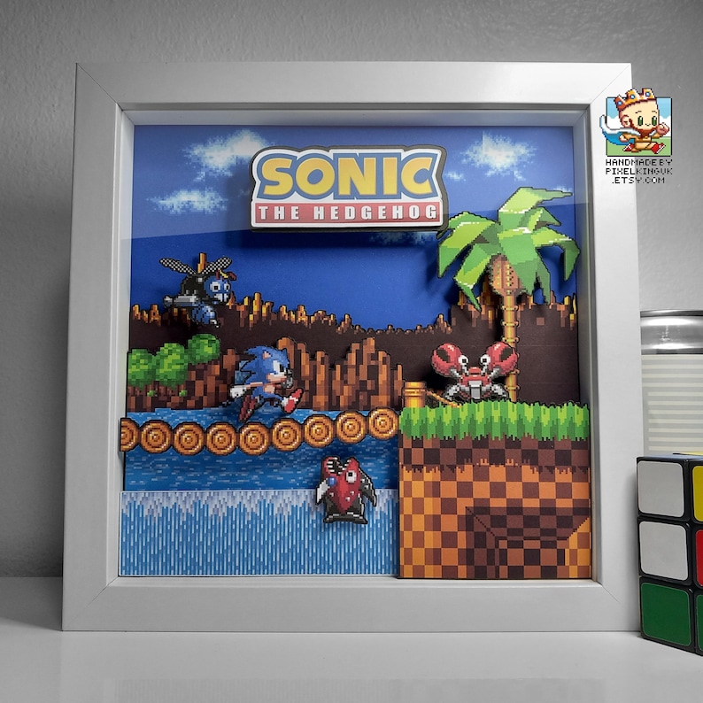 Front view of the framed Sonic Green Hill Zone shadow box.