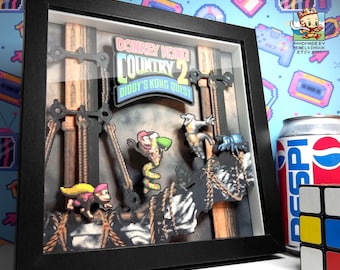 Donkey Kong Country 2 Topsail Trouble Pixel Art Shadow Box | Diddy, Dixie & Rattly SNES Wall Art