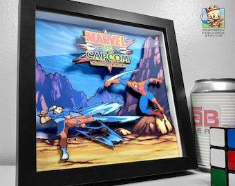 Marvel vs Capcom Chun Li vs Spider-Man Pixel Art Shadow Box | Choose Any Characters | Handmade Arcade Art