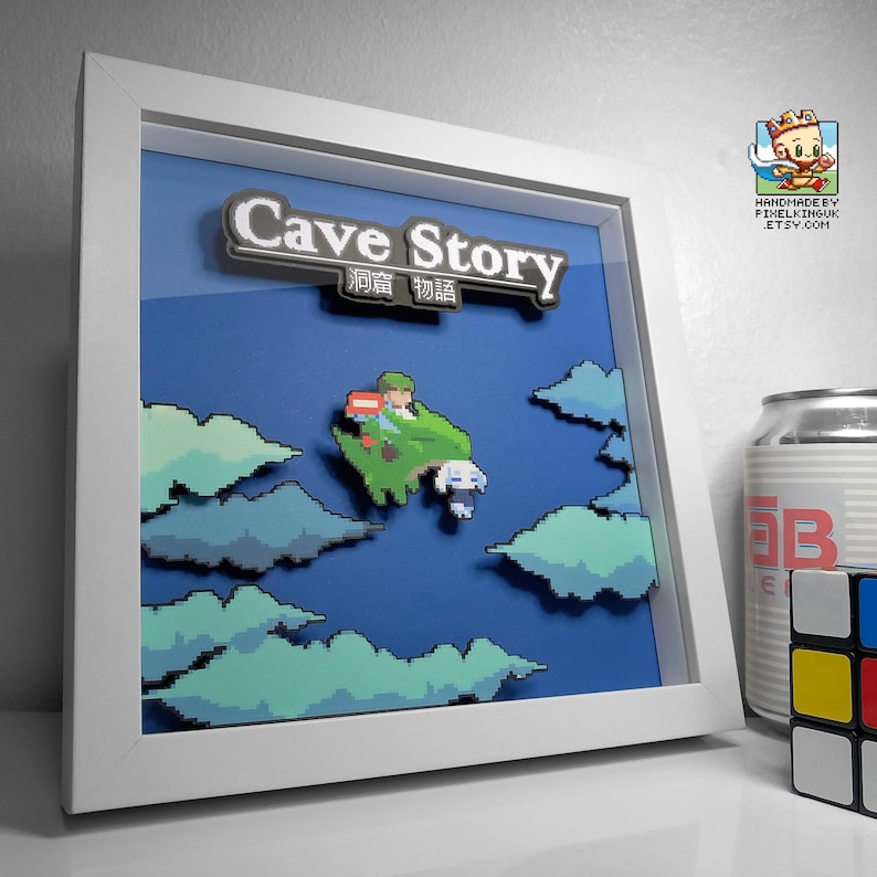 Cave Story pixel art shadow box in white frame 8x8 inch 90s games room decor