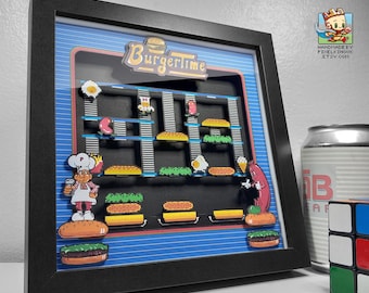 BurgerTime Pixel Art Shadow Box - Handmade - 3D Layered - Framed