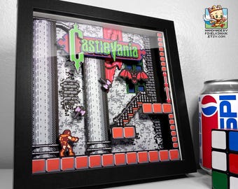 Castlevania NES Pixel Art Shadow Box | Simon Belmont Boss Battle | Handmade Retro Gaming Wall Art