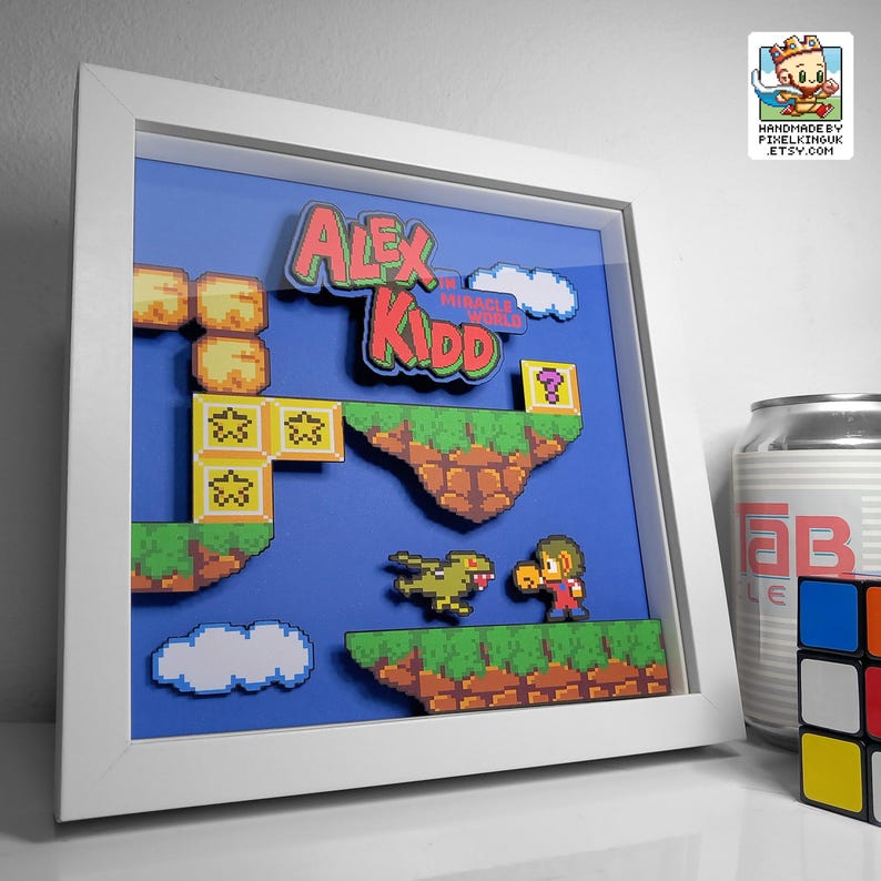 Alex Kidd in Miracle World pixel art shadow box in white frame 8x8 inch 90s games room decor
