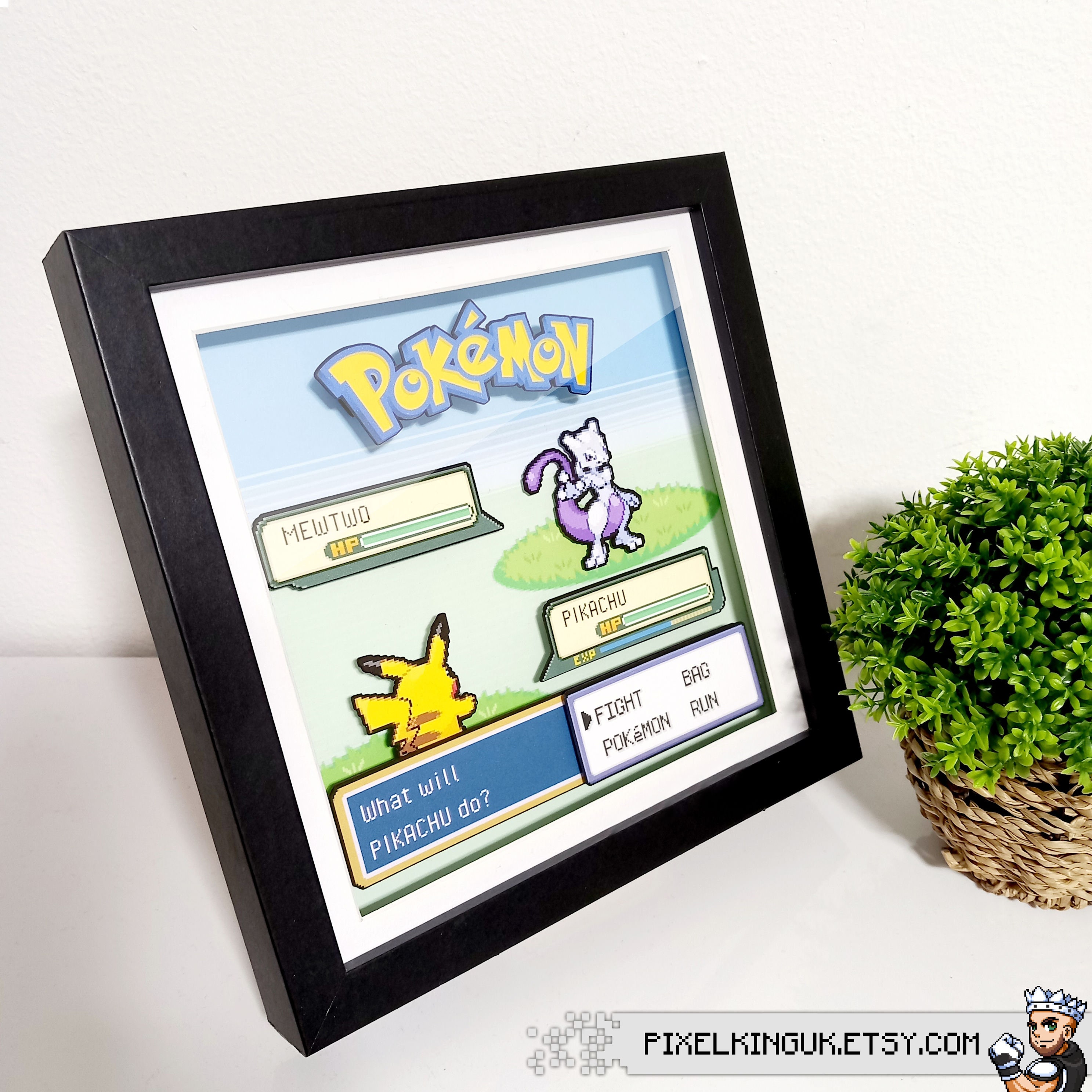 Pokemon FireRed (Mewtwo Battle) - 3D Shadow Box Frame (9 x 9) Wall Art