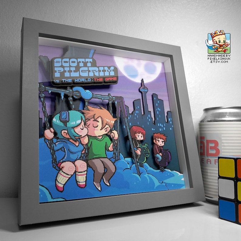 scott pilgrim vs the world the game pixel art shadow box in grey 8x8 inch frame retro gamer gift