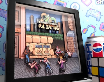 Double Dragon Pixel Art Shadow Box - 3D Layered - Handmade - Framed