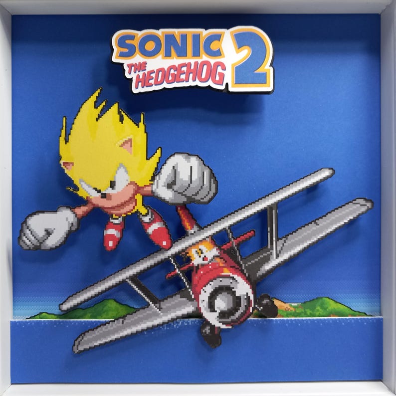 Front view of the character option featuring Super Sonic beside Tails' biplane.
