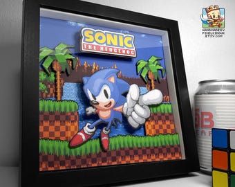 Sonic the Hedgehog Pixel Art Shadow Box - Handmade - 3D layered - Framed - Ending Scene