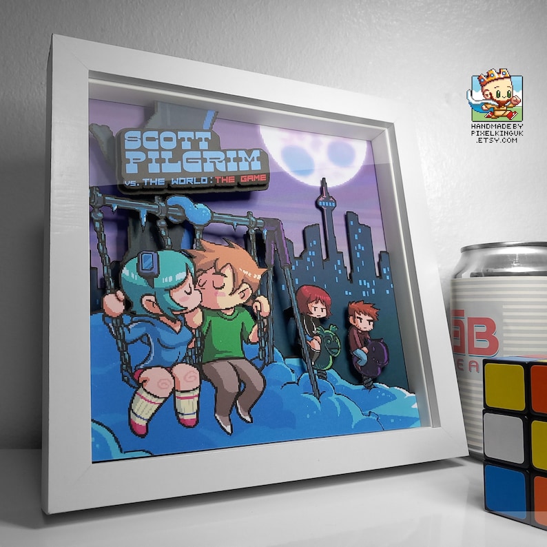 scott pilgrim vs the world the game pixel art shadow box in white 8x8 inch frame retro gamer gift