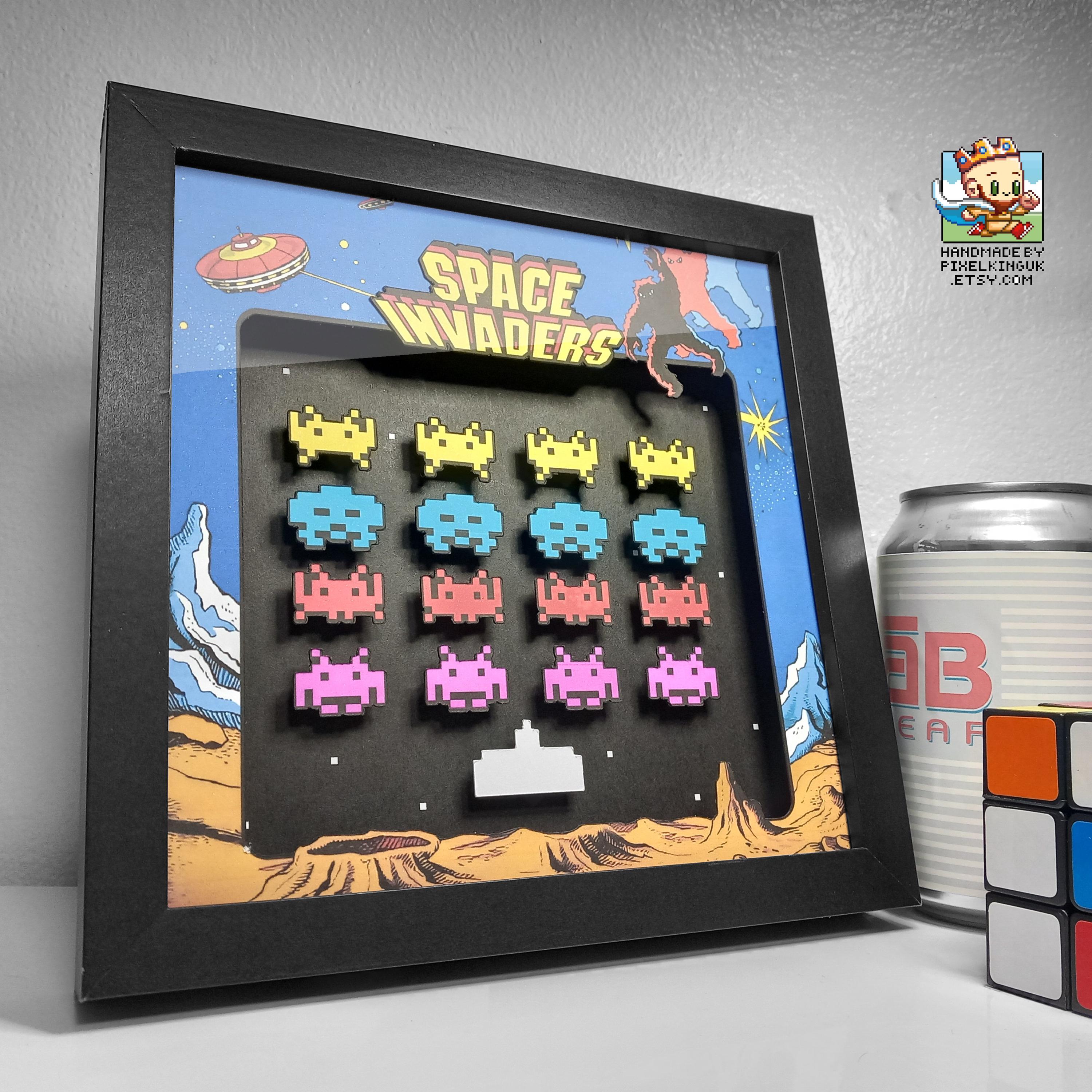 Space Invaders Pixel Art Shadow Box - Handmade - 3D Layered