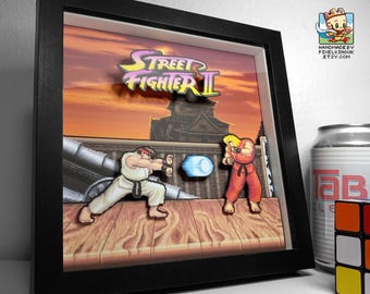 Any Characters - Street Fighter 2 Pixel Art Shadow Box - Handmade - 3D Layered - Framed - Ryu v Ken