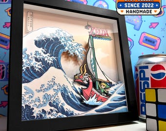 Legend of Zelda Wind Waker Shadow Box | Link & King of Red Lions Wall Art | Handmade Zelda Gift | Great Wave crossover