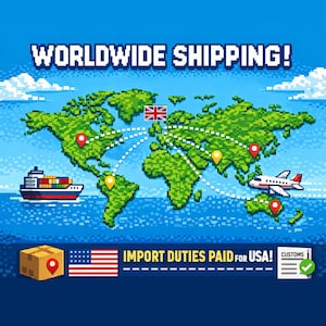 Worldwide shipping graphic with a pixel art world map, ship and aeroplane, noting import duties paid for USA orders.