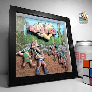 May include: A framed pixel art scene from the Golden Axe video game. The scene features characters from the game, including a warrior with an axe, a knight with a sword, and a dwarf with a hammer. The characters are standing on a platform with a background of trees and mountains.