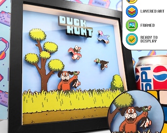 Duck Hunt Hand Made Pixel Art Shadow Box - 3D Layered - Framed