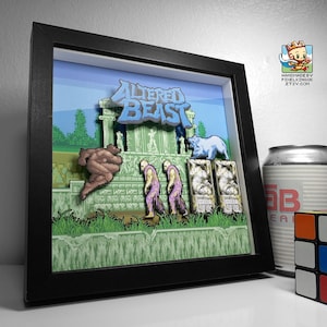 May include: A framed pixel art picture of the video game Altered Beast. The picture is in a black frame and features a green, blue, and brown background with pixelated characters and a title.