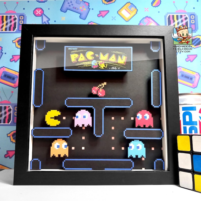 Pac Man Arcade Pixel Art Shadow Box - 3D Layered - Handmade - Framed - Etsy