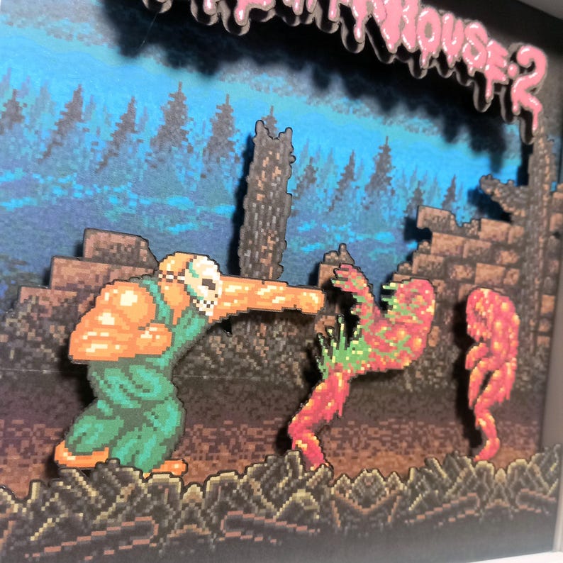 Close-up of the layered horror-game artwork showing Rick's punch striking the Boreworm.