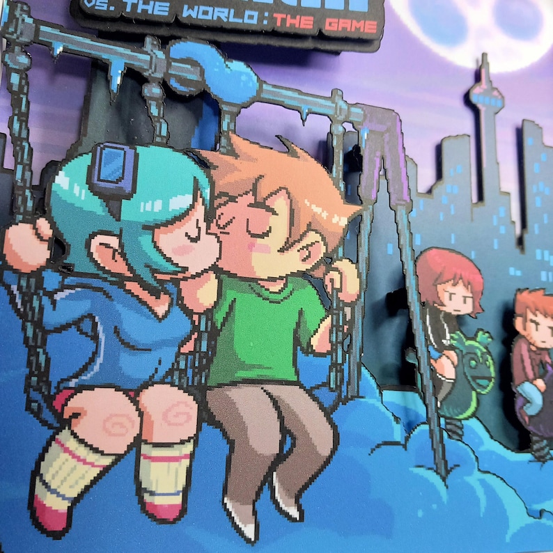 May include: A pixelated illustration of two characters on a swing set against a cityscape backdrop. The characters are a girl with blue hair and a boy with brown hair. They are kissing. The text "VS. THE WORLD: THE GAME" is visible at the top of the image.
