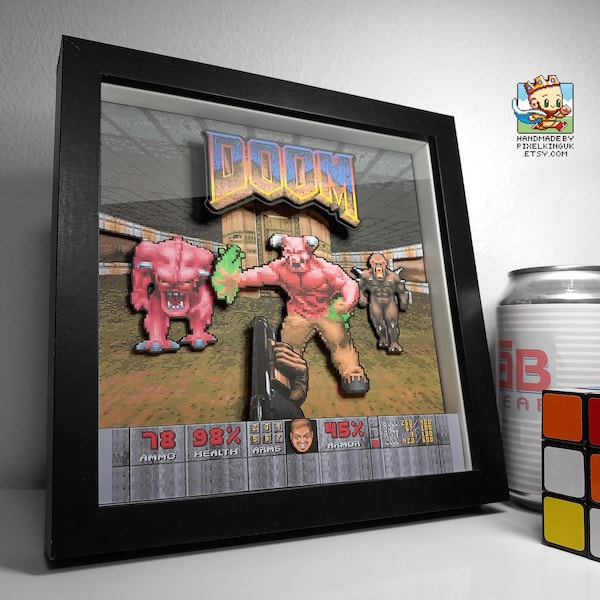 DOOM Classic PC Game Pixel Art Shadow Box | Retro FPS Gaming Wall Art
