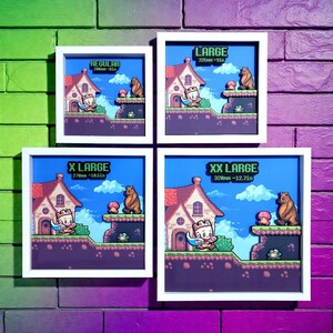 Size guide showing regular, large, extra-large and extra-extra-large framed shadow box dimensions.