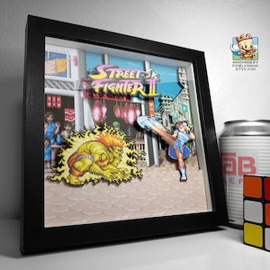 Può includere: Un diorama di pixel art incorniciato del videogioco Street Fighter II. Il diorama presenta i personaggi Ryu e Chun-Li in una posa di combattimento. Il diorama è ambientato sullo sfondo di una strada cittadina.