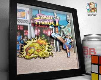 Any Characters - Street Fighter 2 Pixel Art Shadow Box - Handmade - 3D Layered - Framed - Blanka v Chun Li