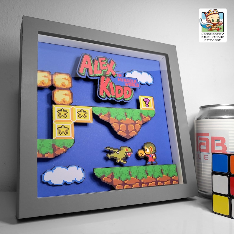 Alex Kidd in Miracle World pixel art shadow box in grey frame 8x8 inch mens birthday gift