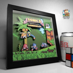 May include: Framed 3D artwork featuring characters and scenery from the Sonic 3 & Knuckles video game. The artwork includes Sonic, Knuckles, Tails, and other game elements in a pixelated style, set against a green and brown background. The frame is black.