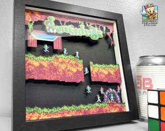 Lemmings Pixel Art Shadow Box - Handmade - Retro Game - 3D Layered