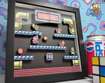 Mario Bros Arcade Pixel Art Shadow Box | Original Nintendo Retro Gaming Wall Art