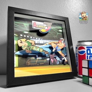 Op de afbeelding: Ingelijst 3D-kunstwerk met personages uit Street Fighter Alpha 3. De scène toont twee gepixelde vechters in actie, tegen een hangarachtergrond. Het kunstwerk zit in een zwart frame, met een Pepsi-blikje en een Rubik's Cube in de buurt.