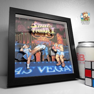 Any Characters - Street Fighter 2 Pixel Art Shadow Box - Handmade - 3D Layered - Framed - Chun-li v Balrog