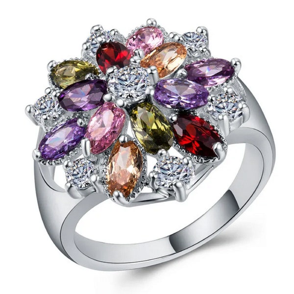 Bague en forme de fleur de Zircon coloré en argent 925 Sterling