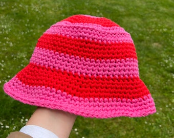 Handmade Pink and Red Striped Cotton Crochet Bucket Hat