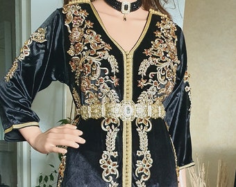 Caftan marocain noir,Caftan traditionnelle, Caftan en velour, Caftan sirène