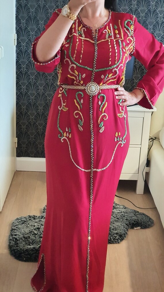 Moroccan caftan in hand beaded silk crepe dress with belt luxury caftan takchita traditional dress