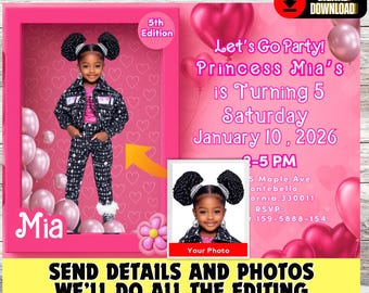 Personalized Black Doll Birthday Invitation: Pink Barbie Party (Digital Download)