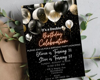 Editable Adult Sibling Birthday Invitation Canva | Joint Birthday Party Invitation,Double Birthday,Printable, Black Gold, Instant Download