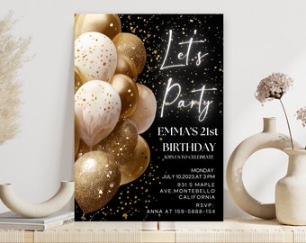 Elegant Black and Gold Birthday Invitation  Canva Template,Printable 40th Birthday Party Invite,Any Age Birthday Invite,Instant Download