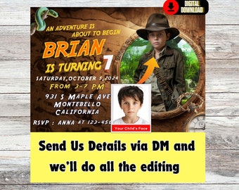 May include: A digital download invitation with a brown and tan background. The invitation features the text "Brian is turning 7" and event details. A photo of a child in a safari outfit is included. The invitation also includes the text "Send Us Details via DM and we'll do all the editing."