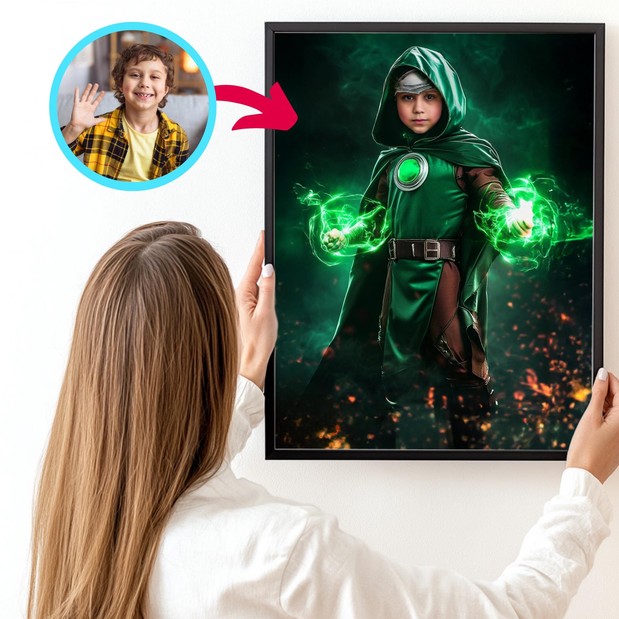 Doom Portrait Vom Foto, Geschenk für Ihn, Individuelles Dr. Doom Gesicht tauschen, Doom Geburtstag Willkommensschild, Dr. Doom Willkommensschild, 24x36 Zoll