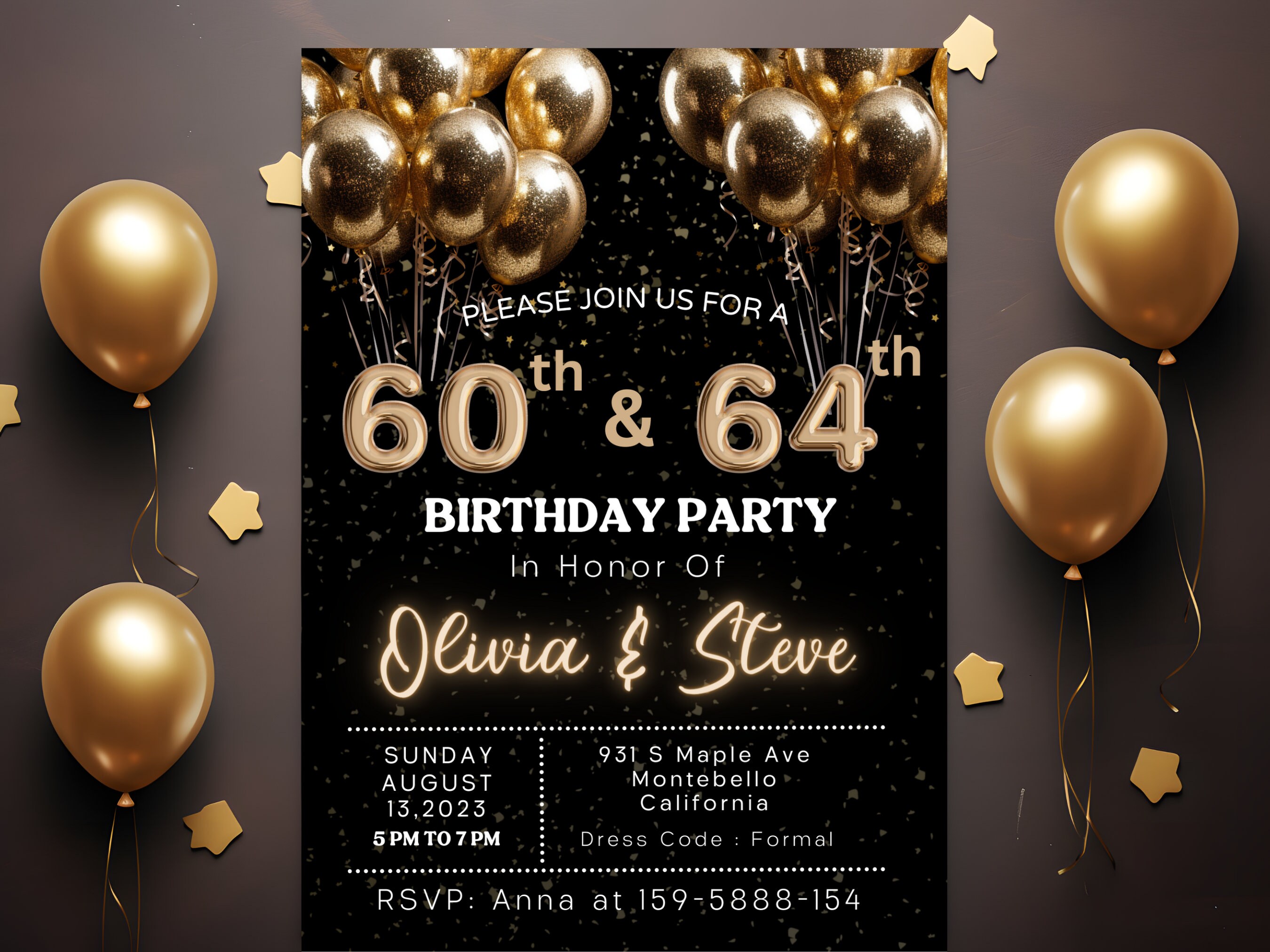 Dual Joint Birthday Party Invitation Template, Gold Glitter and Balloons Birthday invite, Adult Double Birthday party invite Canva