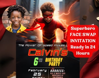 Custom Superhero Theme Face Swap Birthday Invitation, Speedster Superhero Birthday Invite, Face Swap Birthday Card, 5x7 Inches